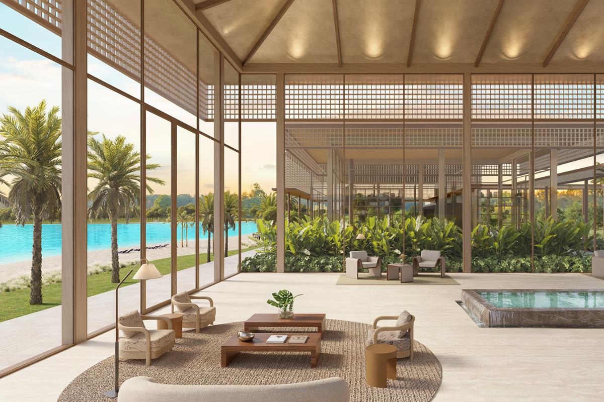 Lobby do clube aberto para a lagoa