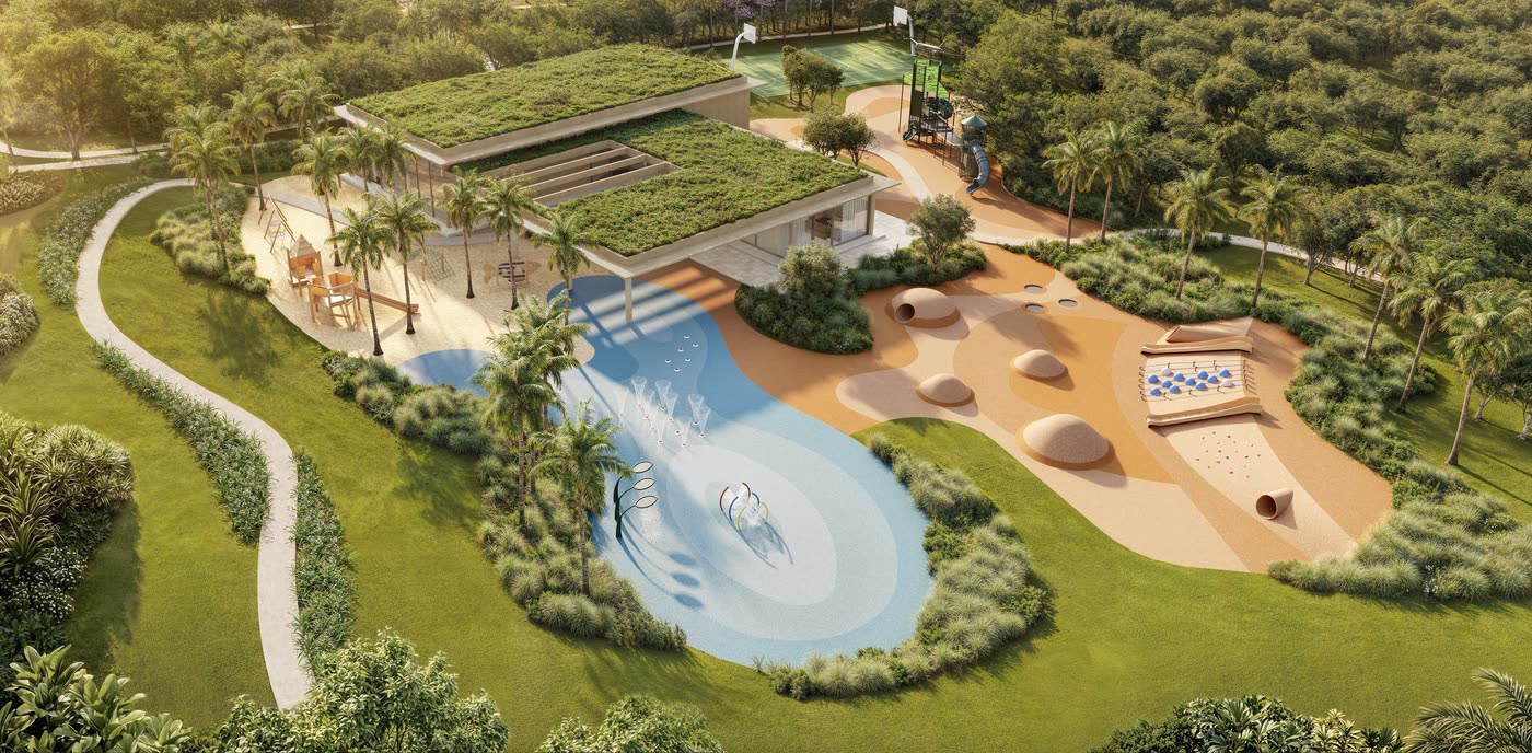 Vista aérea do Sports & Kids Club, com playground e piscina recreativa